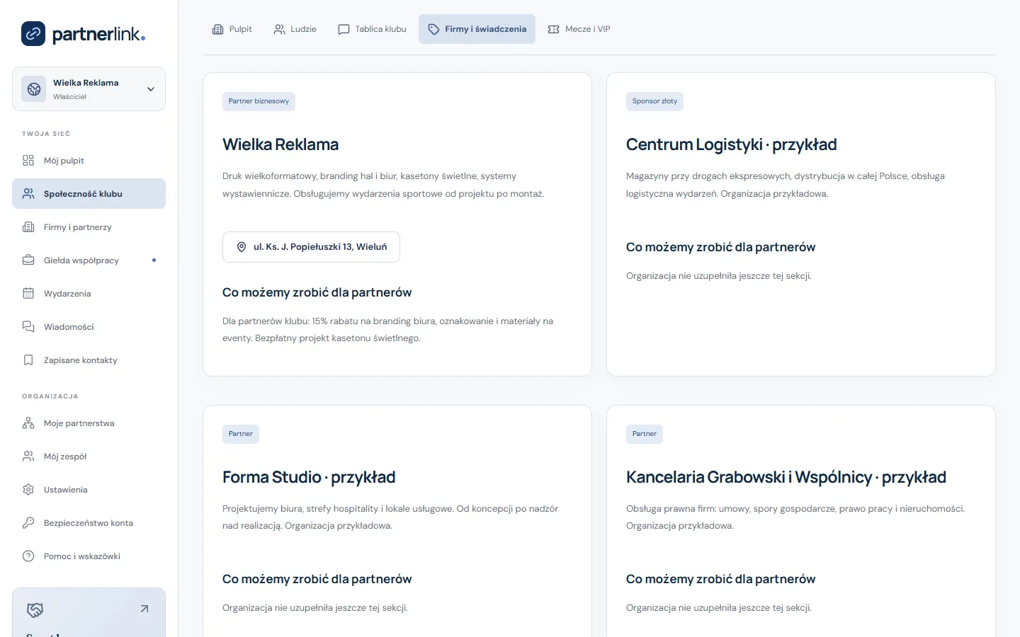 Firmy i świadczenia — ekran PartnerLink