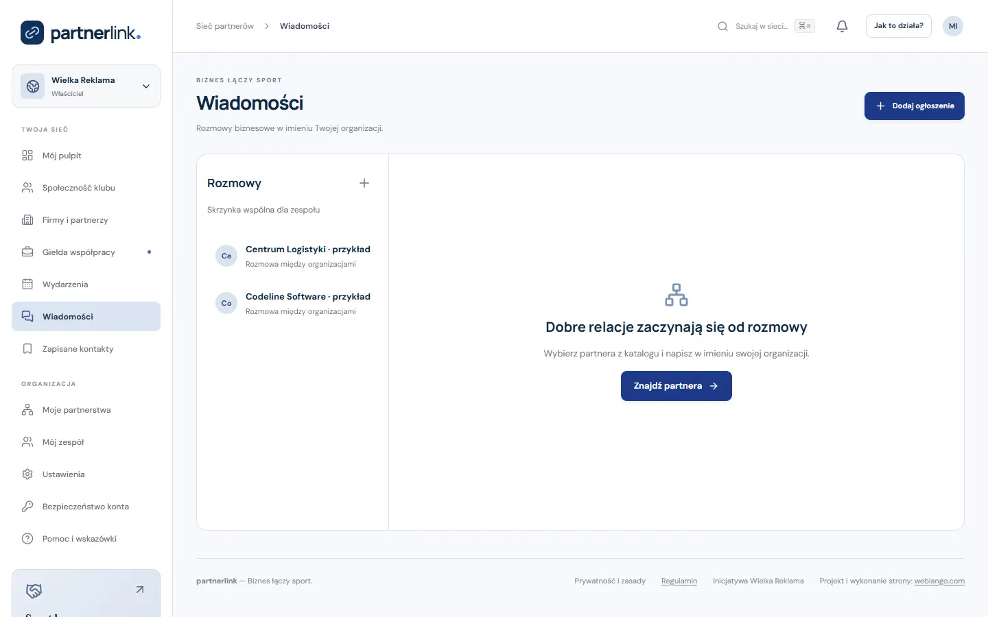 Rozmowy między firmami — ekran PartnerLink