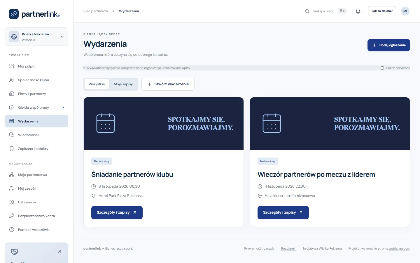 Zapisy na wydarzenia — ekran PartnerLink