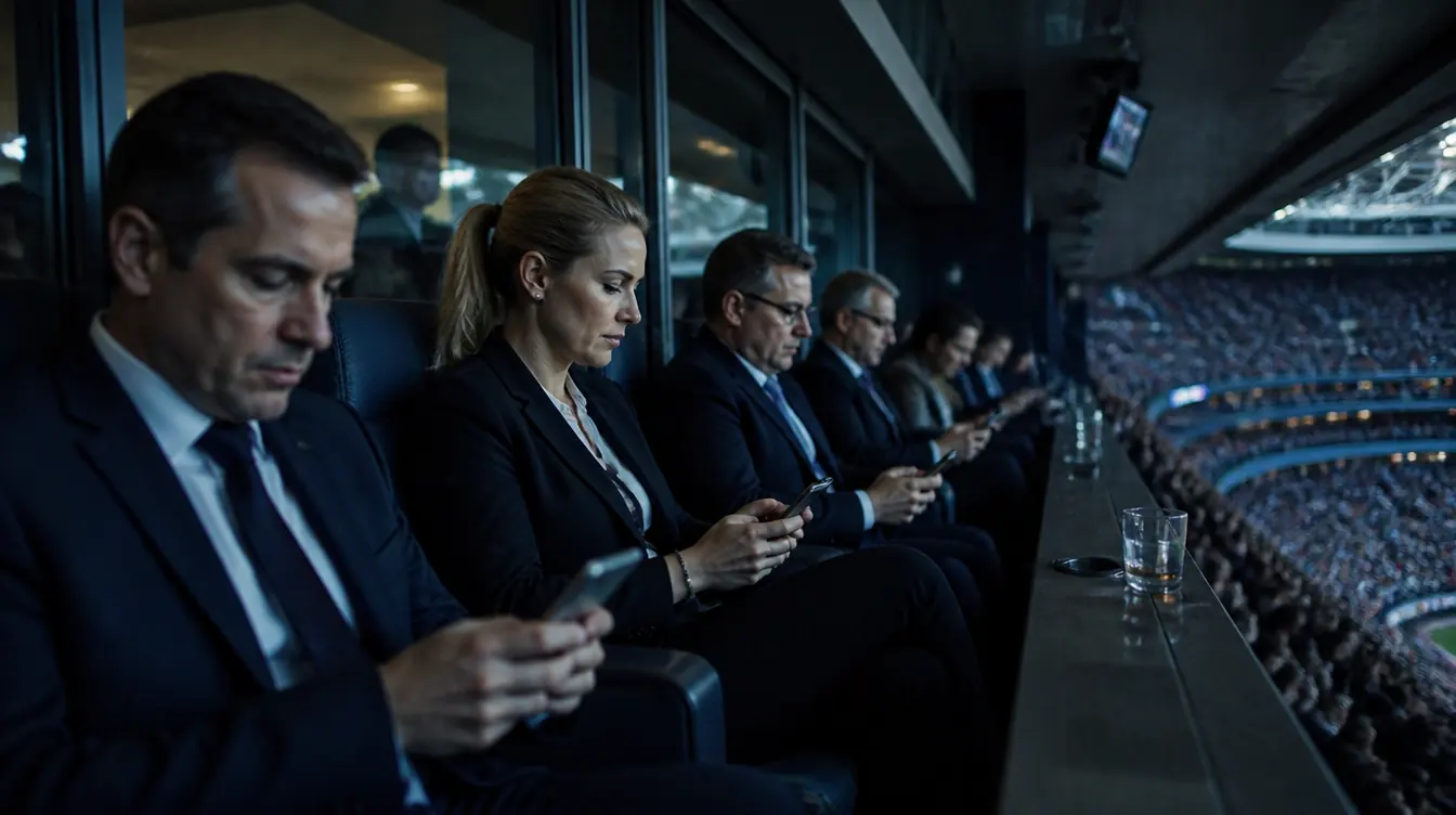 Goście strefy VIP siedzą obok siebie i patrzą w telefony