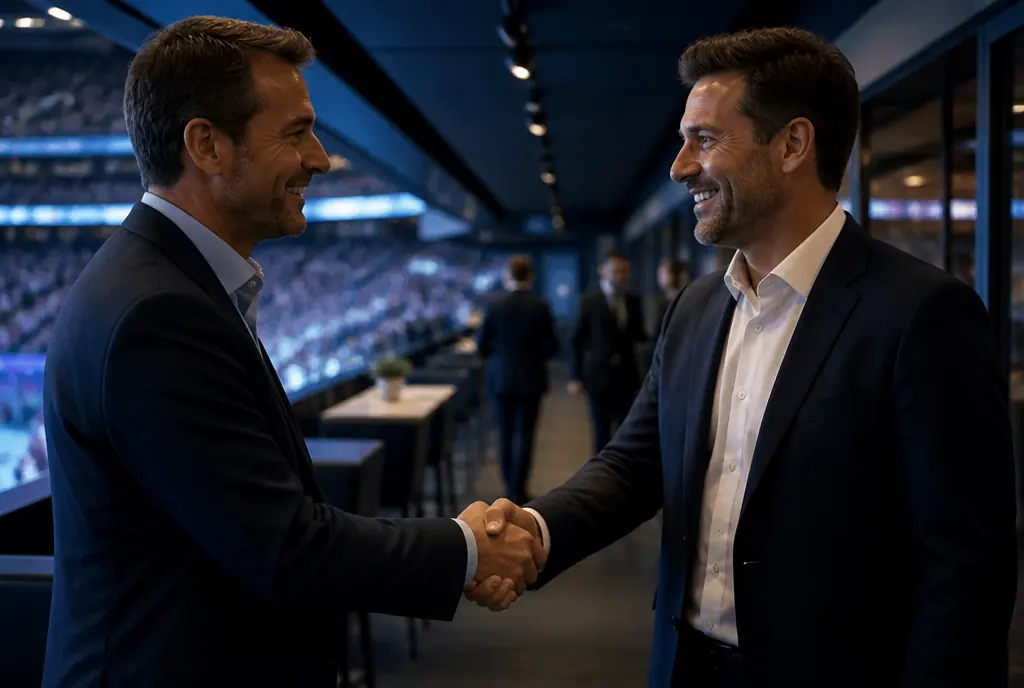 Dwóch partnerów biznesowych ściska sobie dłonie w hali sportowej